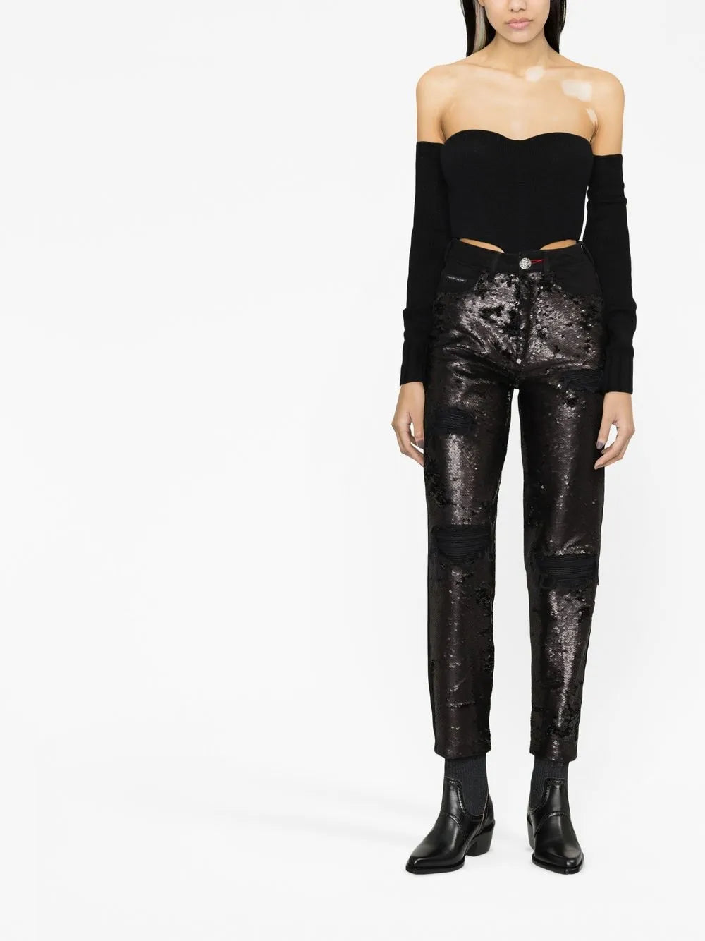 Sequin-Embellished High-Waisted Jeans
