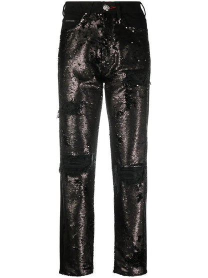Sequin-Embellished High-Waisted Jeans