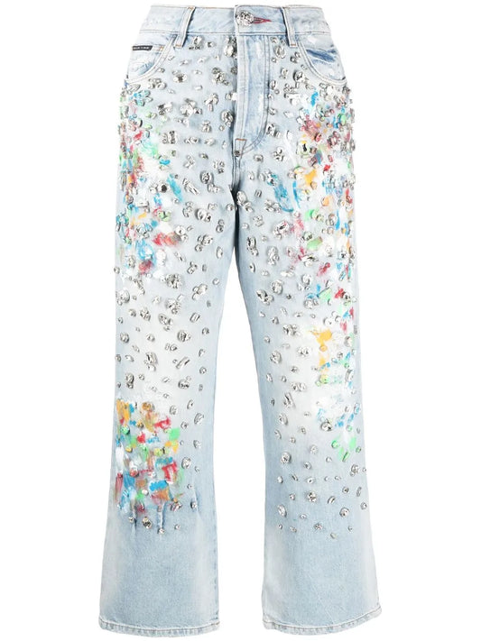 Cropped Rhinestone-Embellished Jeans