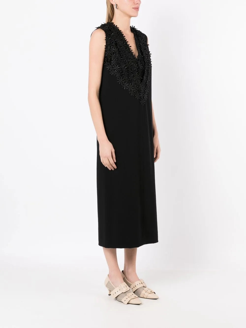 Floral-Appliqué Midi Dress