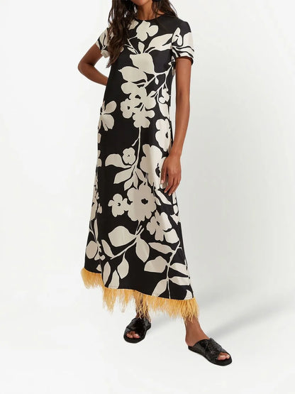 Swing Feather-Trim Silk Maxi Dress