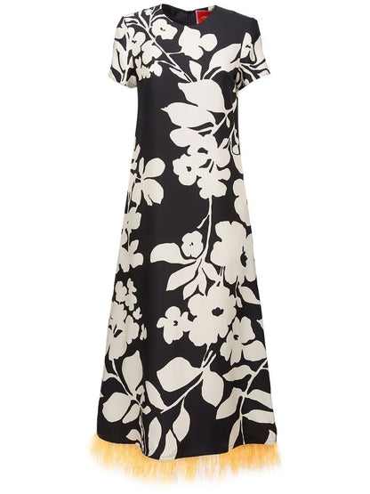 Swing Feather-Trim Silk Maxi Dress