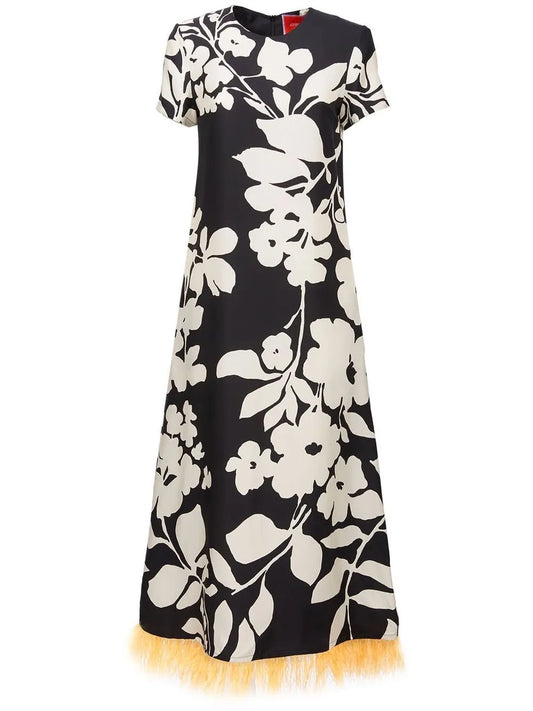 Swing Feather-Trim Silk Maxi Dress