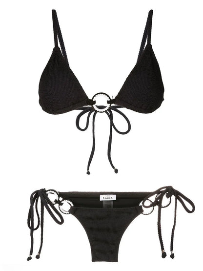 Ribbed-Detail Tie-Fastened Bikini