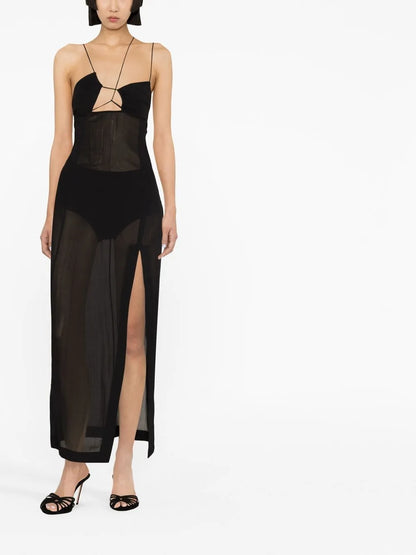 Asymmetric Semi-Sheer Midi Dress