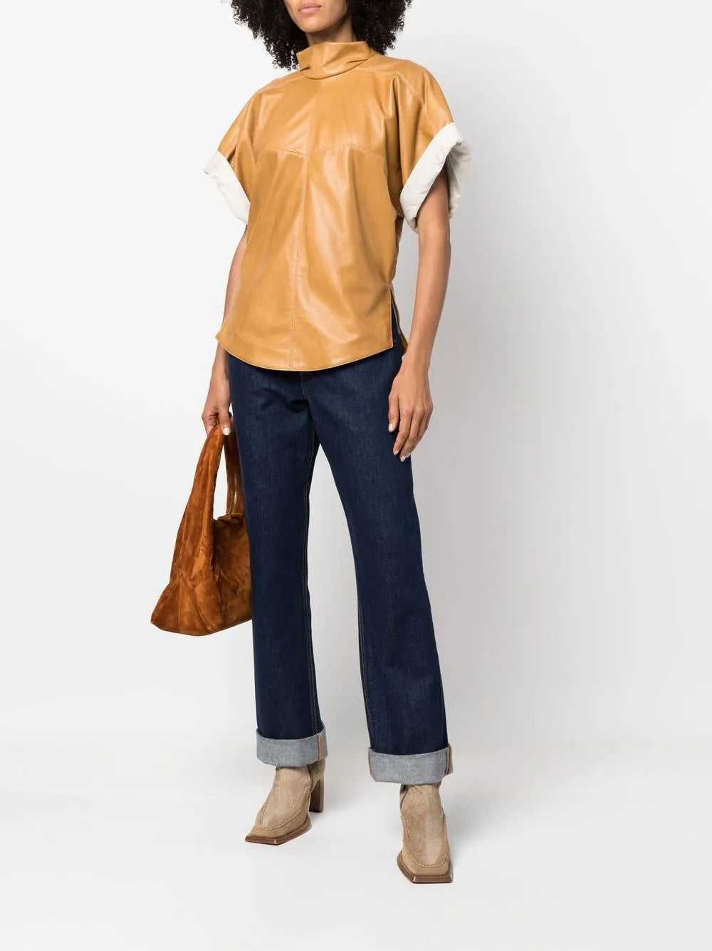 Baiao Roll-Sleeve Leather Top