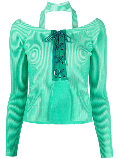 Ribbed Lace-Up Fastening Cardigan