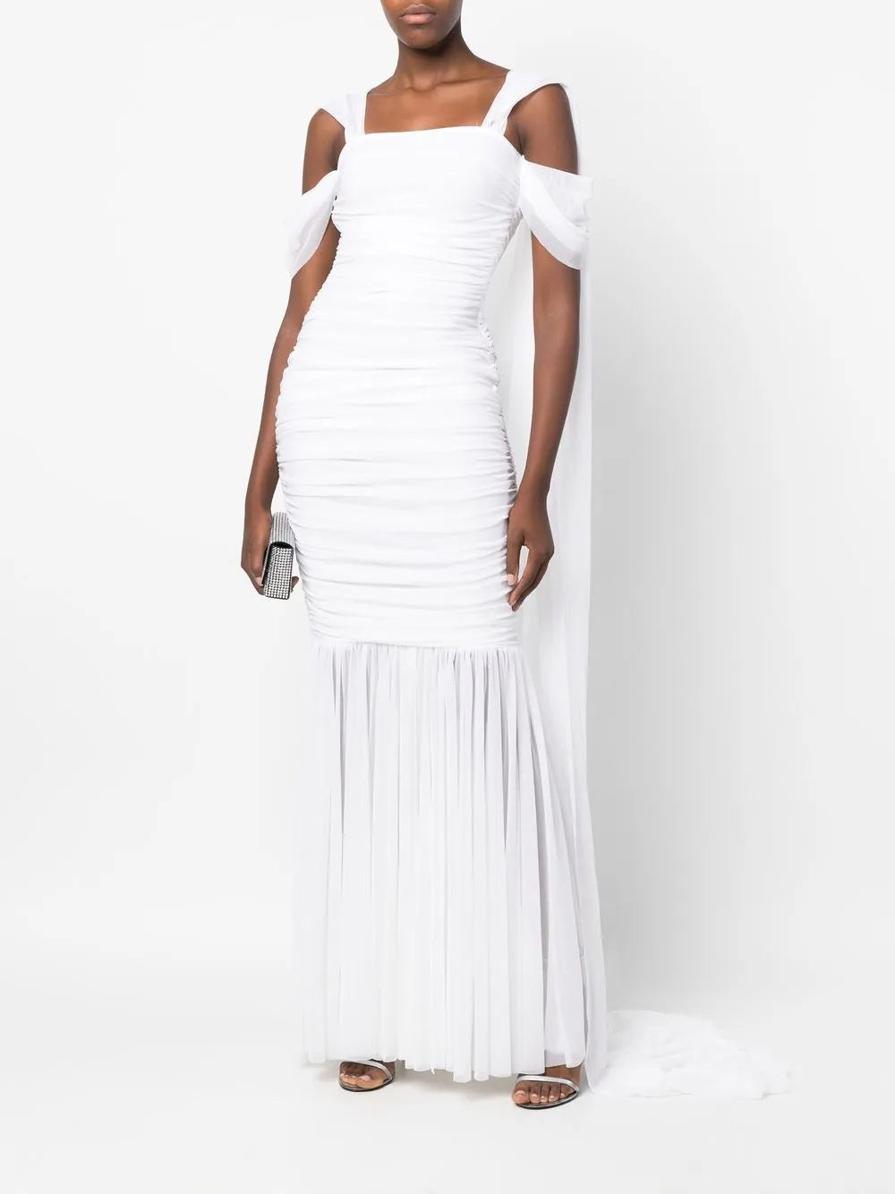 Draped Back Ruched-Mesh Gown