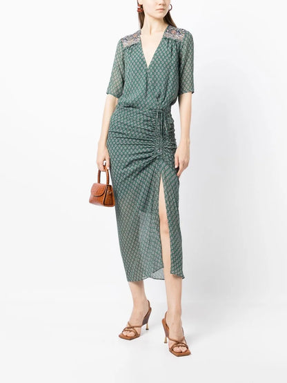 Patterned Short-Sleeved Silk Maxi Dress