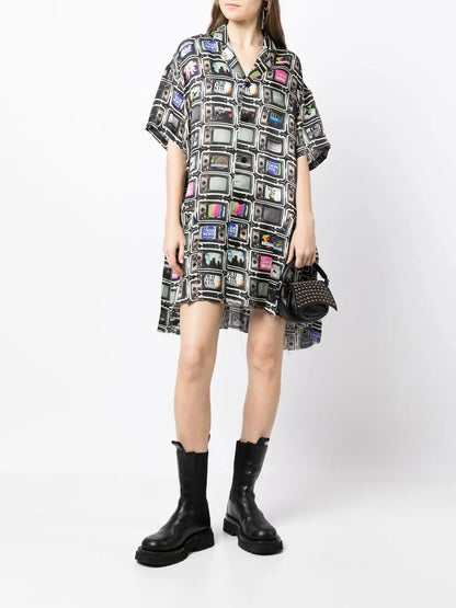 Tv-Print Silk-Blend Shirtdress