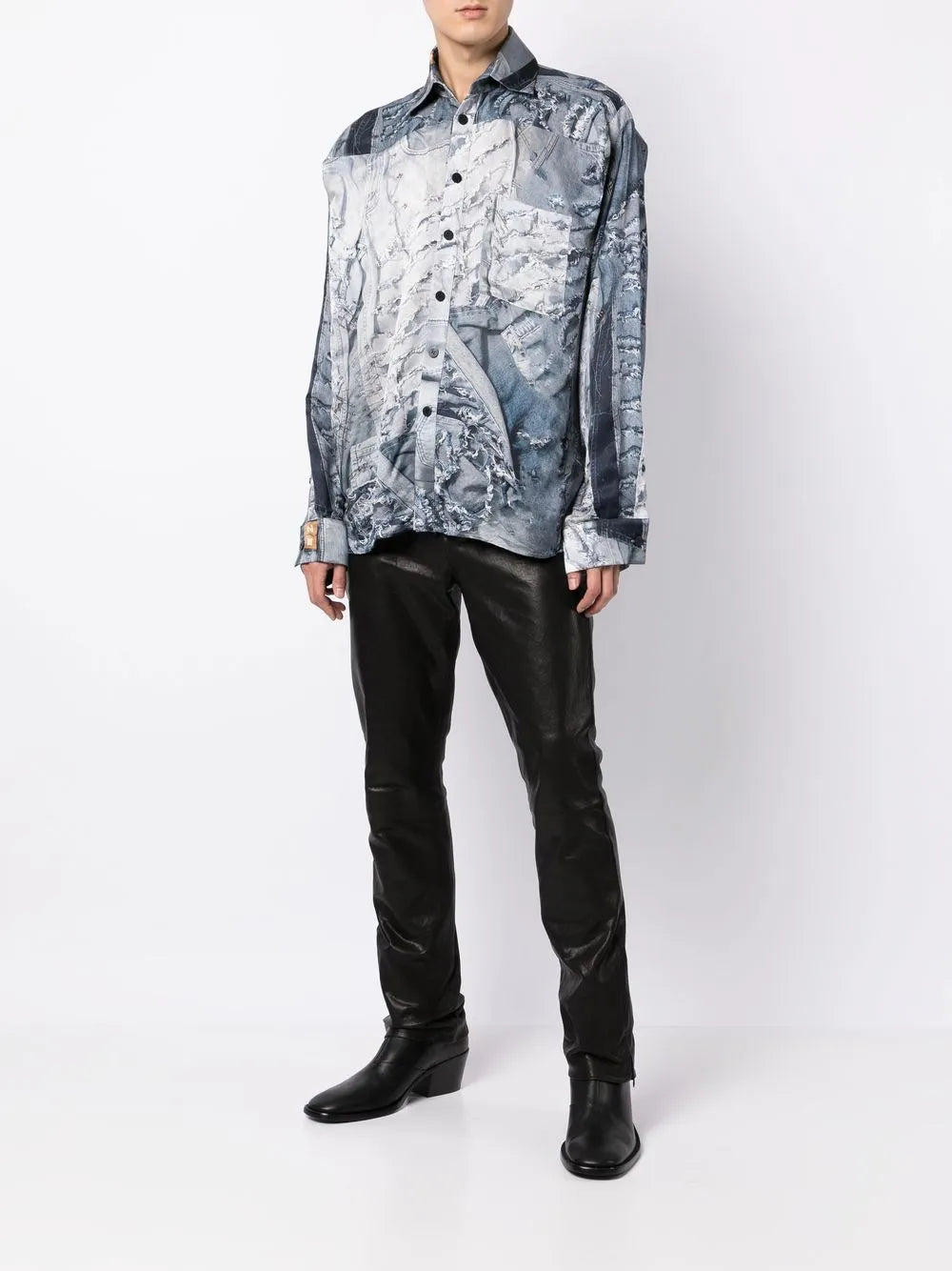 Denim-Print Long-Sleeved Shirt