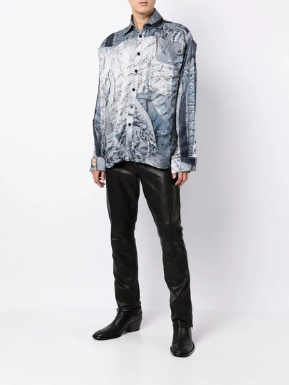 Denim-Print Long-Sleeved Shirt