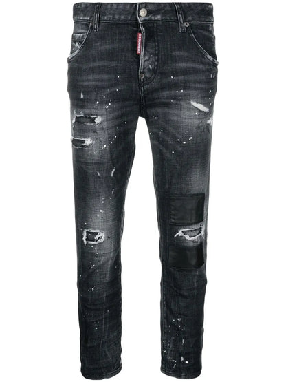 Paint-Splatter Ripped-Detail Cropped Jeans