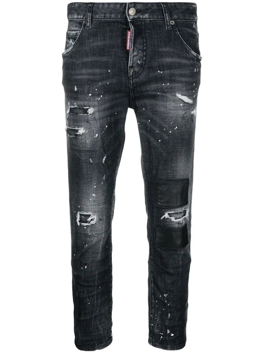Paint-Splatter Ripped-Detail Cropped Jeans
