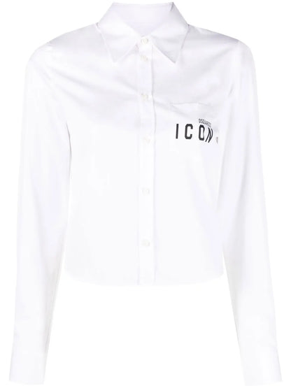 Icon Print Cropped Cotton Shirt