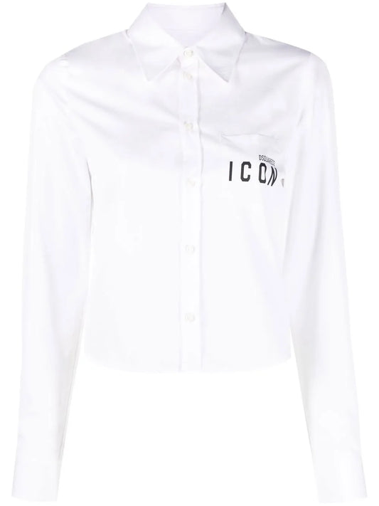 Icon Print Cropped Cotton Shirt