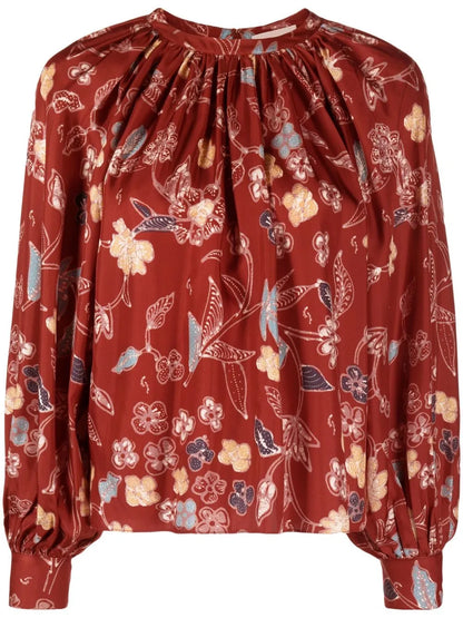 Floral-Print Silk Blouse
