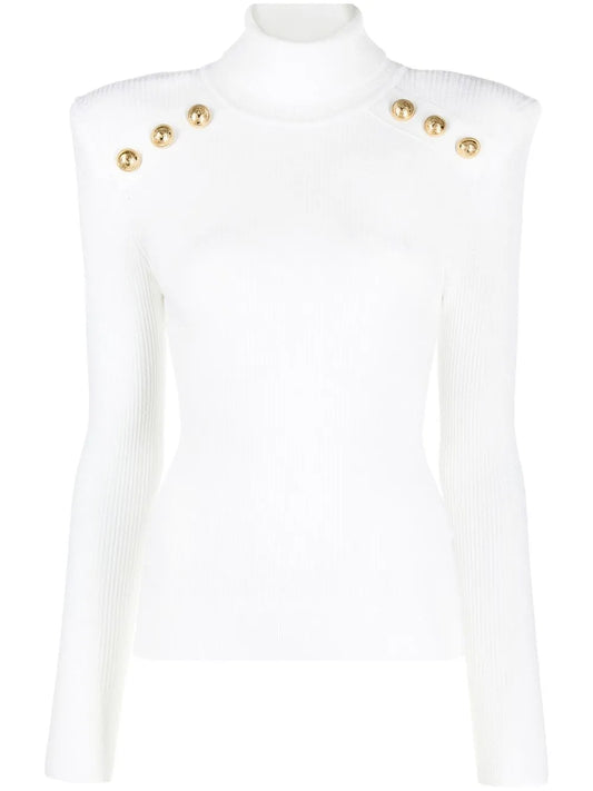 Embossed Button-Detail Ribbed Jumper