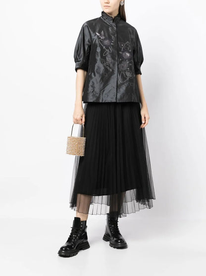 Embroidered Silk Puff-Sleeve Jacket