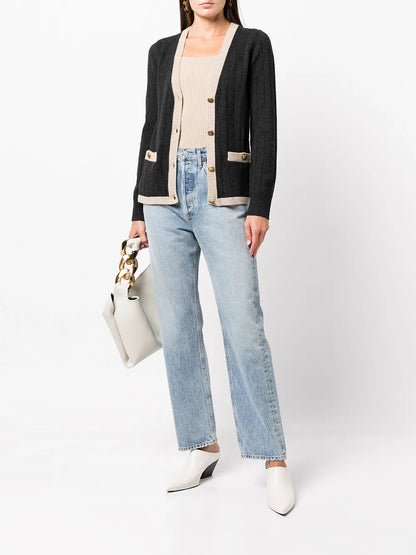 Contrast-Border Rib Knit Cardigan