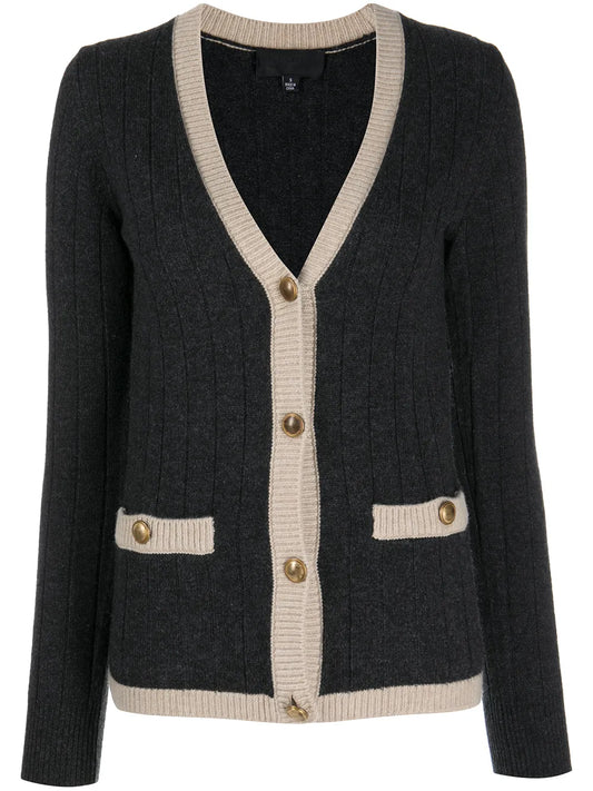Contrast-Border Rib Knit Cardigan