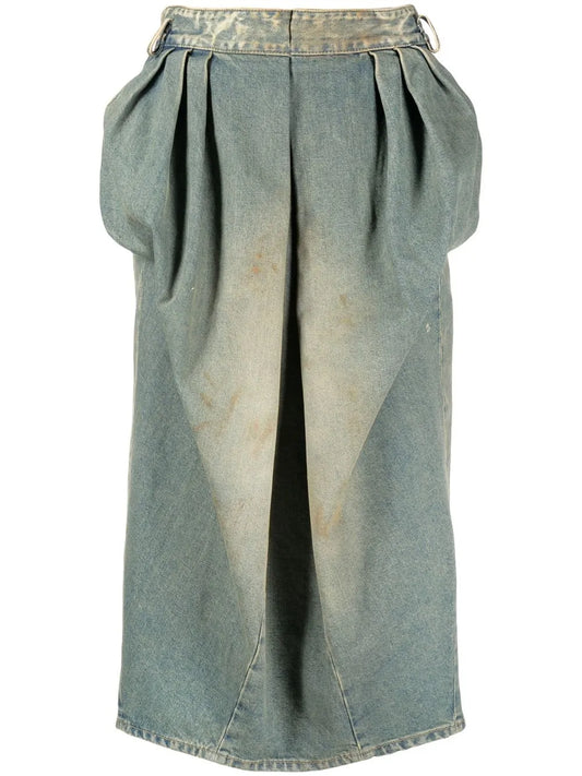 Pleated Denim Midi Skirt