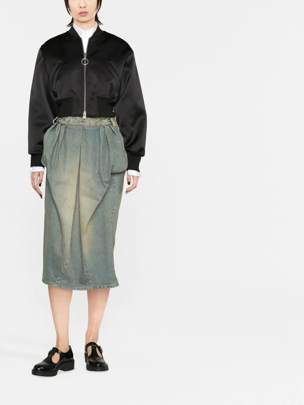 Pleated Denim Midi Skirt