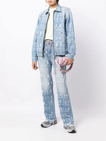 Distressed Logo-Lettering Denim Jacket