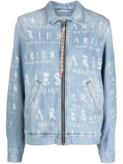 Distressed Logo-Lettering Denim Jacket
