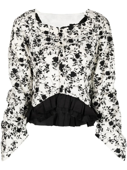 Plear-Detail Floral-Print Blouse