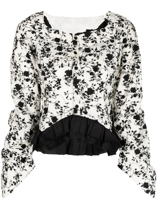 Plear-Detail Floral-Print Blouse