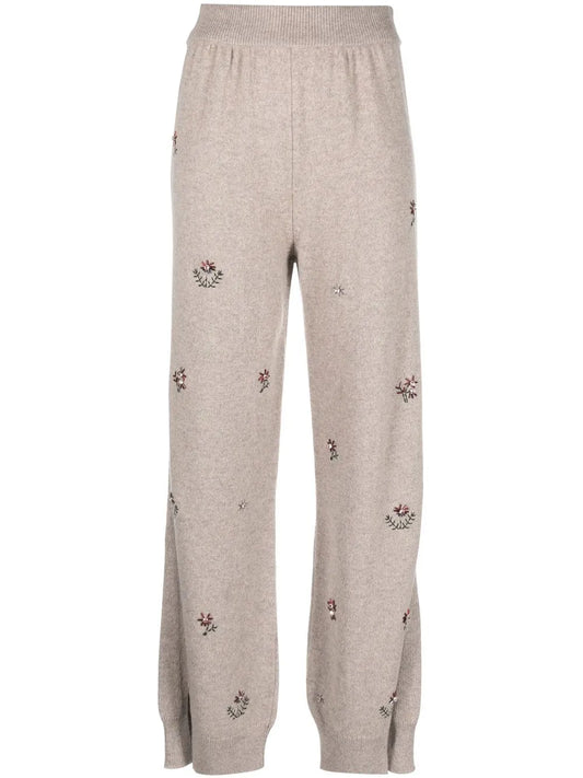 Floral-Embroidered Cashmere Trousers