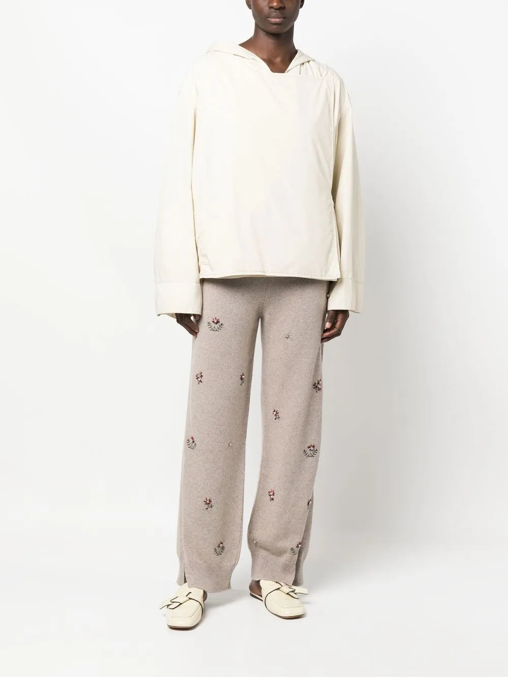 Floral-Embroidered Cashmere Trousers