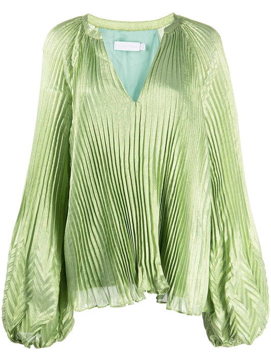 Silk-Blend V-Neck Pleated Top