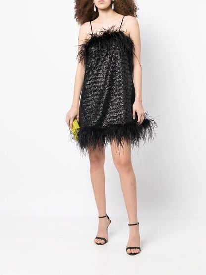 Seraphina Feather-Trim Sequin Dress