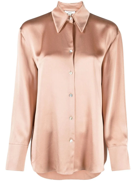Pointed-Collar Button-Front Silk Shirt