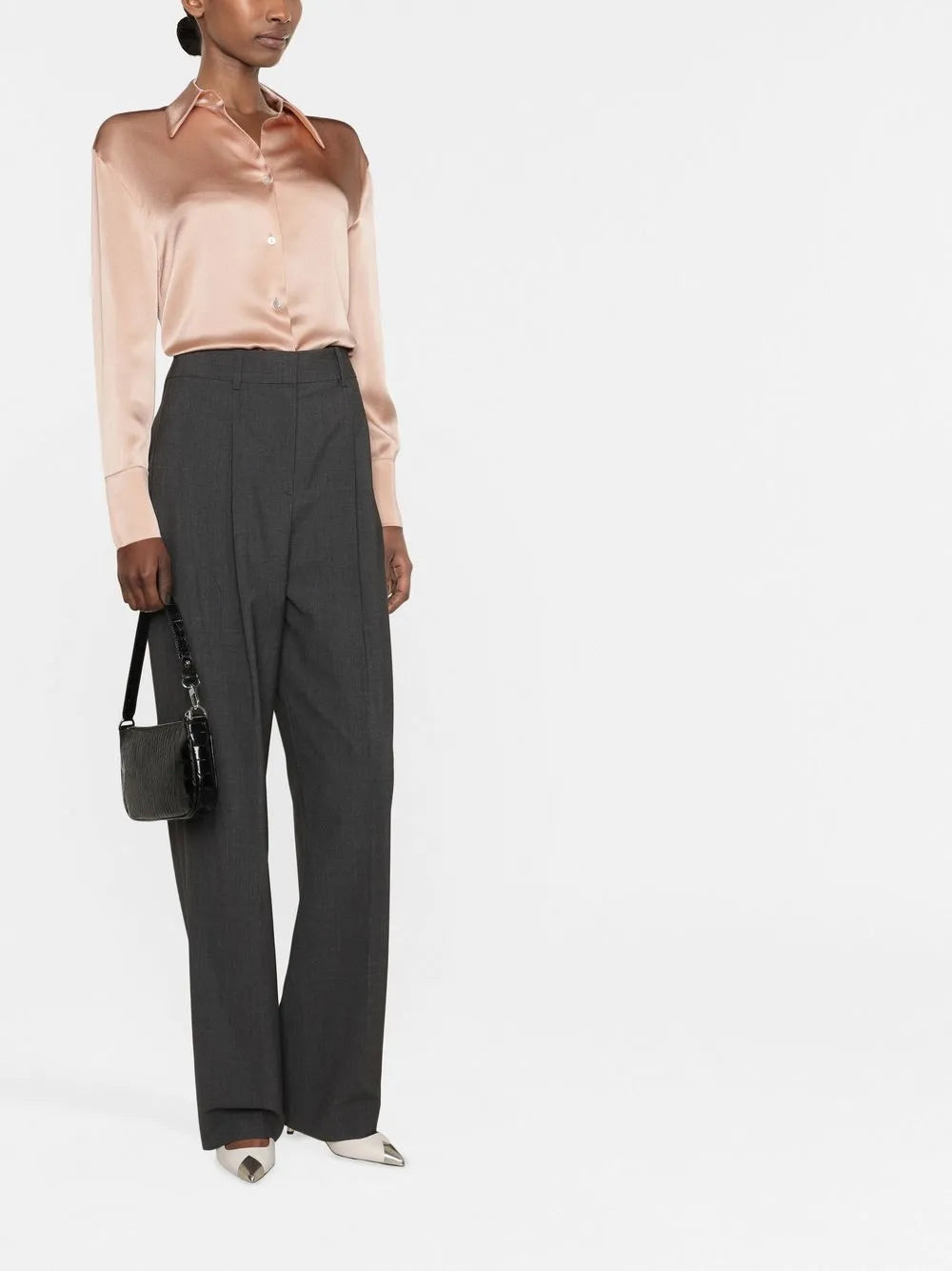 Pointed-Collar Button-Front Silk Shirt