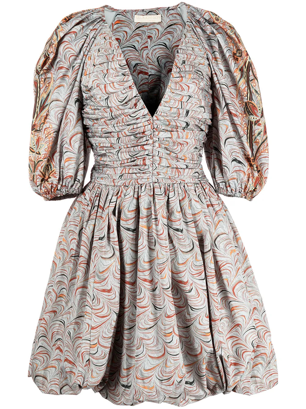 Marbled Puff-Sleeve Ruched Dress