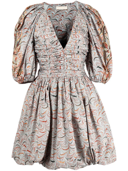 Marbled Puff-Sleeve Ruched Dress