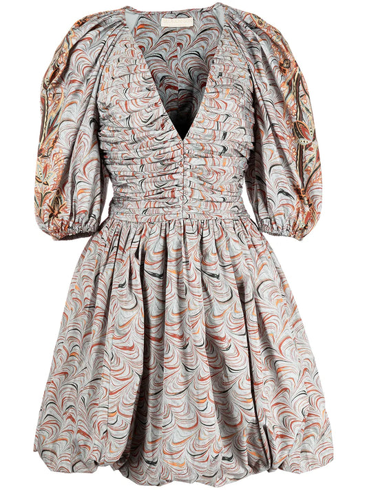 Marbled Puff-Sleeve Ruched Dress