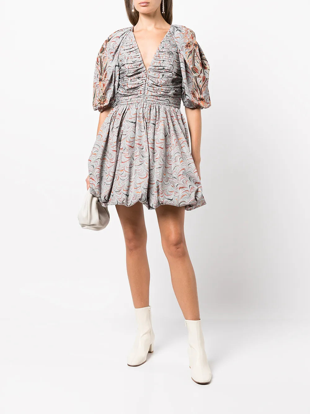 Marbled Puff-Sleeve Ruched Dress
