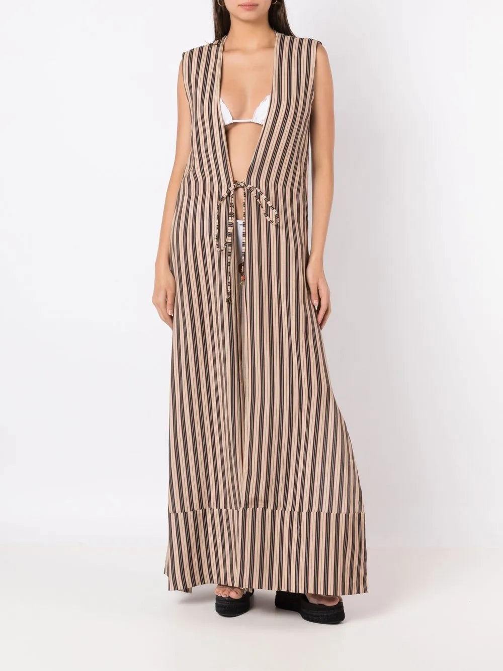 Stripe-Print Open-Front Maxi Dress