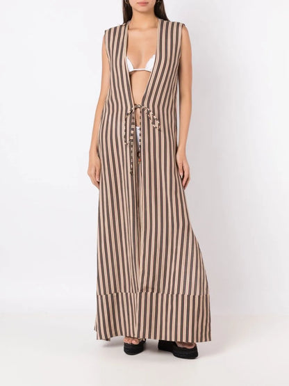 Stripe-Print Open-Front Maxi Dress