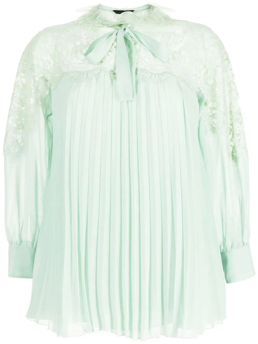 Pleated Lace-Collared Blouse