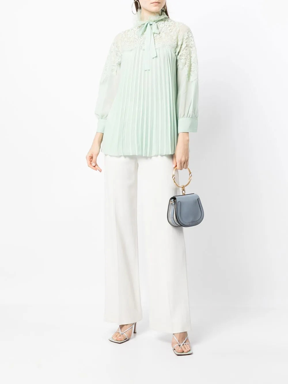 Pleated Lace-Collared Blouse