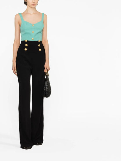 Button-Embellished High-Rise Trousers