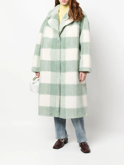 Check-Pattern Single-Breasted Teddy Coat