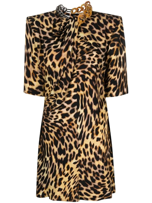 Chain-Embellished Neck Leopard Print Dress