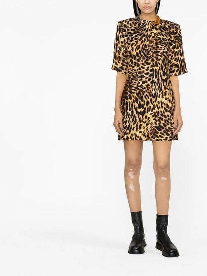 Chain-Embellished Neck Leopard Print Dress