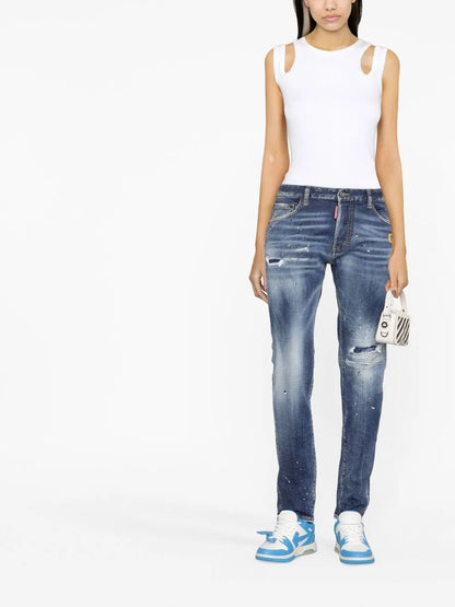 Distressed-Finish Denim Jeans